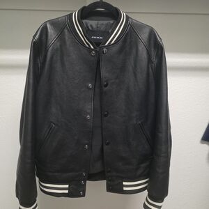 Coach Black Bomber Jacket with White Stripes